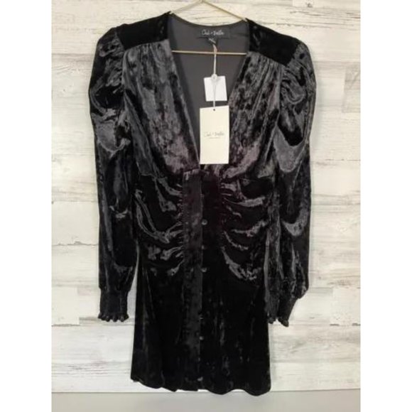 Oak & Trellis Mini Dress Medium Black V-Neck Long Sleeve Velvet Ruffles new - Picture 2 of 7